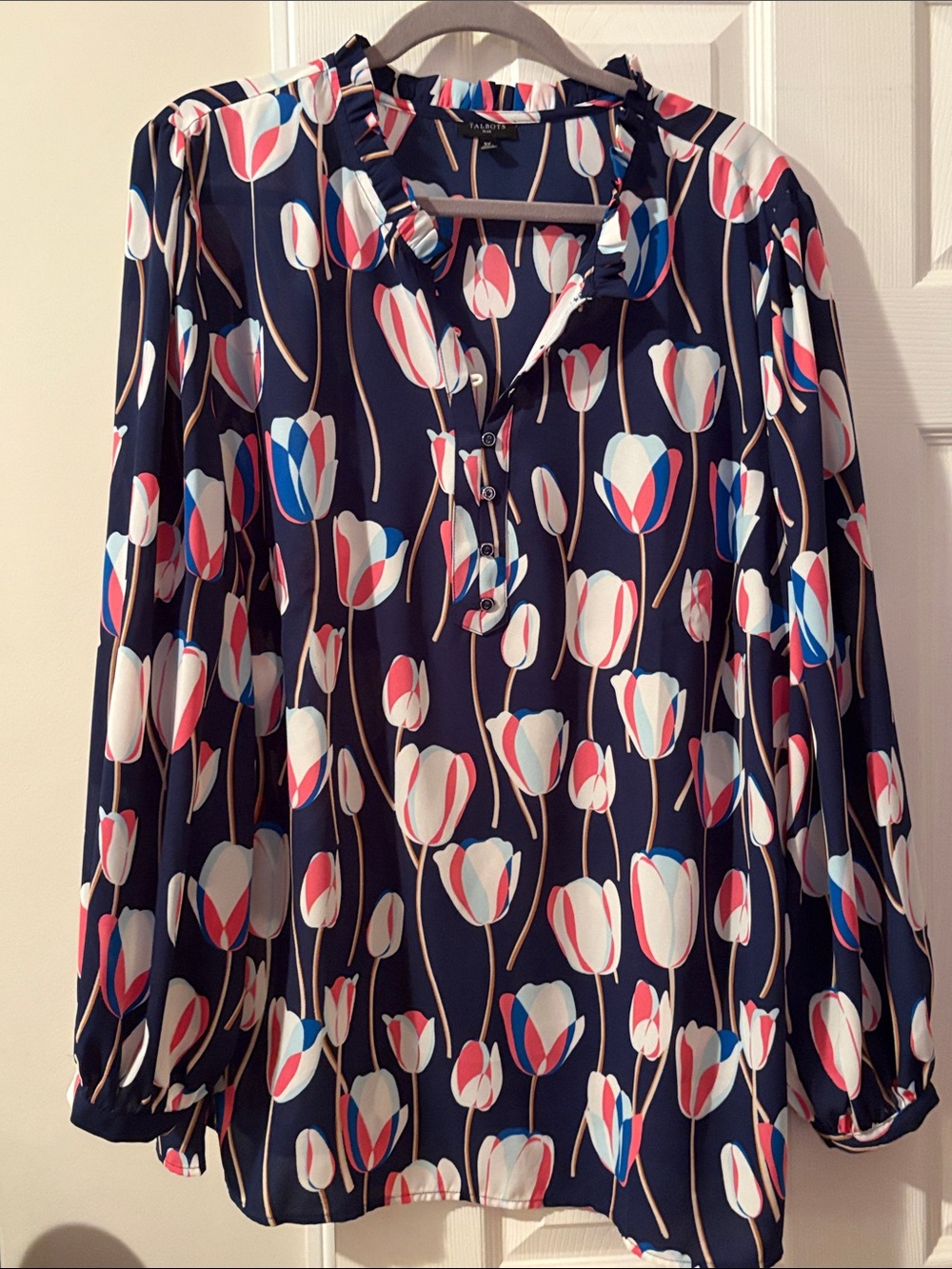 Talbots Navy Tulip-Print Ruffled Neck Blouse